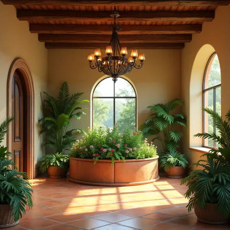 Create an image of a reception of a plant for a water park, with clay tile floors , chandelier, Country style 