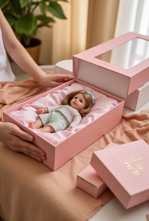 (best quality, 4k, 8k, high resolution, masterpiece: 1.2), ultra detailed, (realistic, photorealistic, photorealistic: 1.37), professional photography.A photorealistic unboxing scene of a luxury doll. The setting is cozy and well-lit, with a warm and invit...