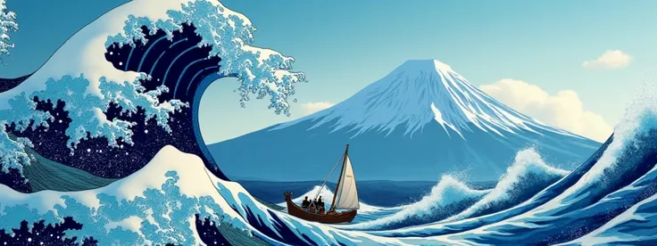 Photorealistic recreation of Katsushika Hokusais "The Great Wave off Kanagawa", capturing the iconic woodblock print in intricate detail, but with a modern twist. The composition features a massive, towering wave with a rounded, cresting form, its deep Pru...