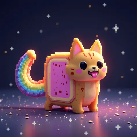 Funko by Nyan Cat :  A pixel-art design carried in the Funko style .  The body of the toast has a padded finish ,  while the rainbow behind it is translucent and shines slightly.  The base simulates the starry sky of the famous meme ,  with small floating ...