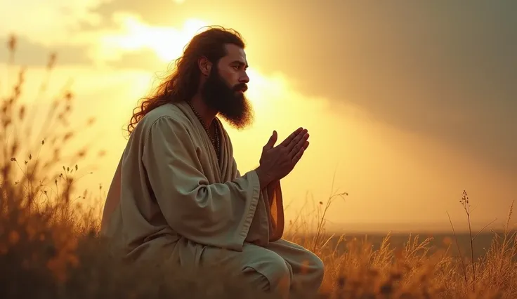 A man with long hair, a thick beard and simple clothes, in a prayer position. He is on his knees, with his hands raised to the sky, in a serene landscape illuminated by a ray of soft light coming from the sky. The expression on his face is one of deep fait...