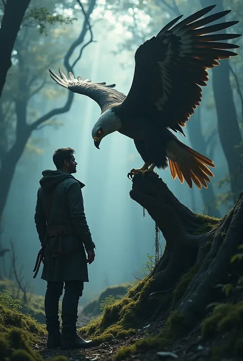 A highly detailed and cinematic image of a human and a massive eagle standing face-to-face in a dense, misty forest during twilight. The human, a lone traveler wearing rugged outdoor clothing, stands firm and calm, his eyes locked with the eagle’s piercing...