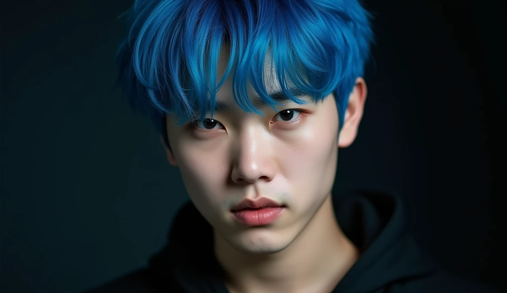 a 24 year old Korean boy, blue hair, square face, sexy face, defined nose, black background, 