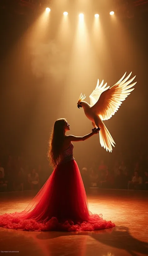 "A grand stage illuminated by warm, focused lights. A beautiful girl with long, flowing hair stands gracefully at the center, wearing an elegant red gown that sparkles subtly in the light. Beside her is a majestic white parrot, its massive wings partially ...