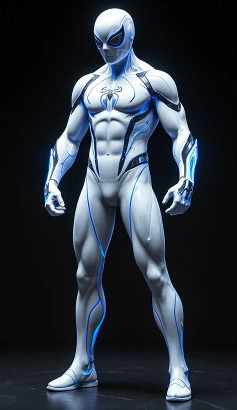 White spider man glossy finished costume with blue lines glowing lights