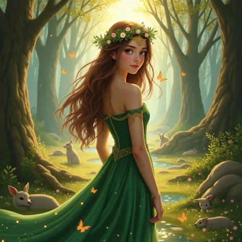  Princess of the Enchanted Forest

 Description : A realistic teenage princess with brown hair and a wreath of wildflowers,  surrounded by forest animals .  She is in a clearing illuminated by rays of light that cross the trees .  She wears a green dress w...