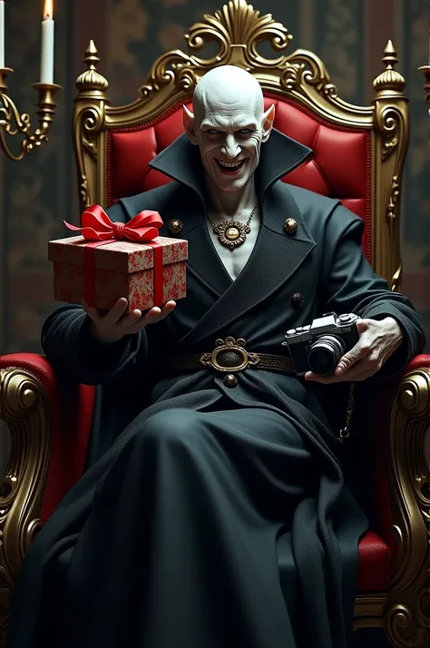 A vampire holding a camera and a gift and sitting on the throne.