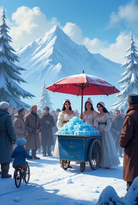  An ice cart filled with crystal ice sold by three beautiful women, crowded with many men ,  there is a woman riding a bicycle carrying crystal ice ,  there is a small  in a blue jacket ,  behind her a view of a snow mountain with a snow-covered Cypress tr...