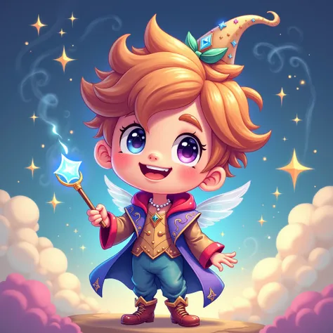 Magical boy character, chibi style, big head , sparkly outfit, cute magical wand, bright colors, cheerful expression, whimsical background with stars and clouds.イラストレーション, 