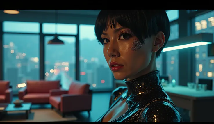 closeup photo of a breathtaking majestic beautiful Blade Runner woman in a Blade Runner cyberpunk Appartment, old Kowloon style, windows,  city background with flying cars,  