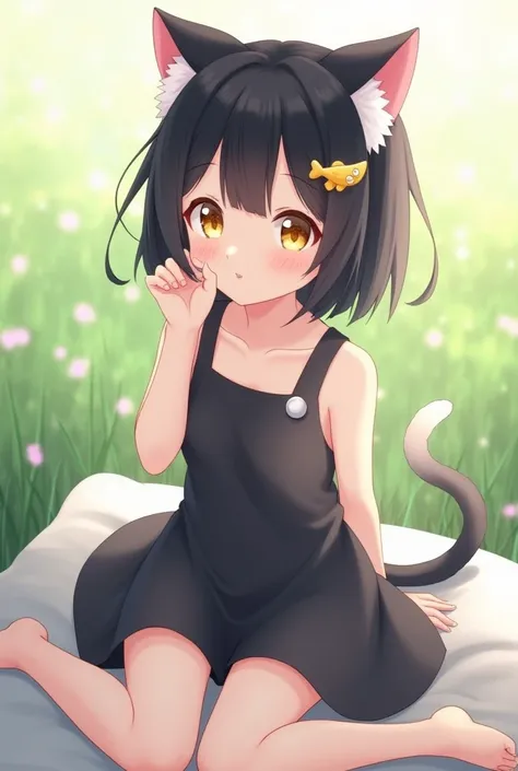 Anime girl , casual style, sitting , short black hair with fish hair clip , Left bangs, black dress, (with yellow eyes and cat ears)