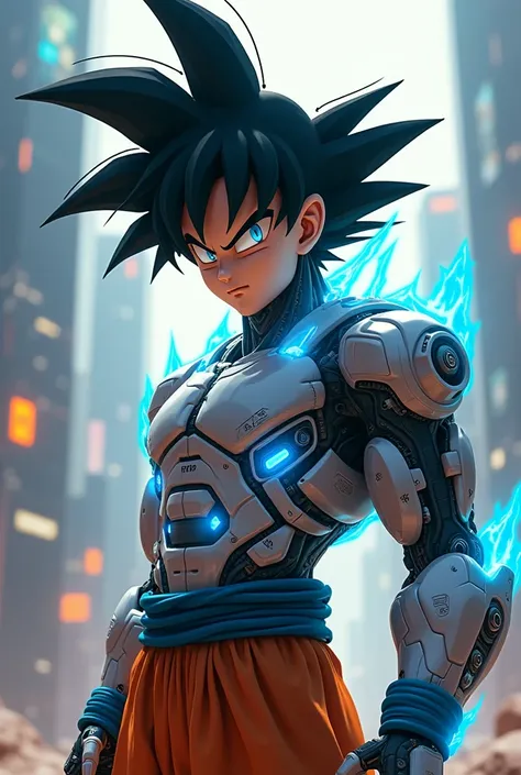 "goku, sporting a futuristic cyborg style ,.  He has a mix of human and cybernetic characteristics ..,  He wears battle armor advanced that incorporates bright blue energy panels and mechanical parts ..,  But his body is still essentially human ...  His bl...