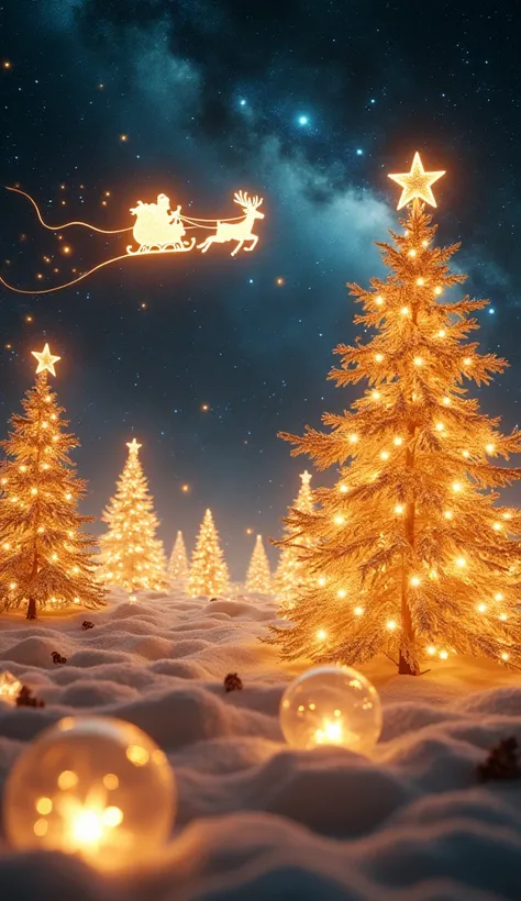 A highly detailed and ultra-realistic photograph of a Christmas-themed illumination in outer space, enhanced with golden light and the silhouette of Santa Claus riding a sleigh pulled by reindeer, glowing in white light. The scene features a stunning cosmi...