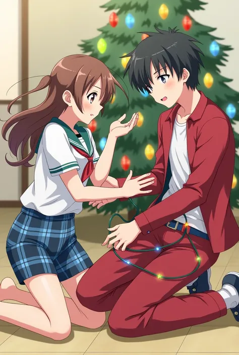 Anime boy in Blue Plaid Shorts and Short Sleeve Uniform top with an anime boy in Solid red pants and Red jacket on the floor tied up in Christmas lightsand a girl in a solid green suit 