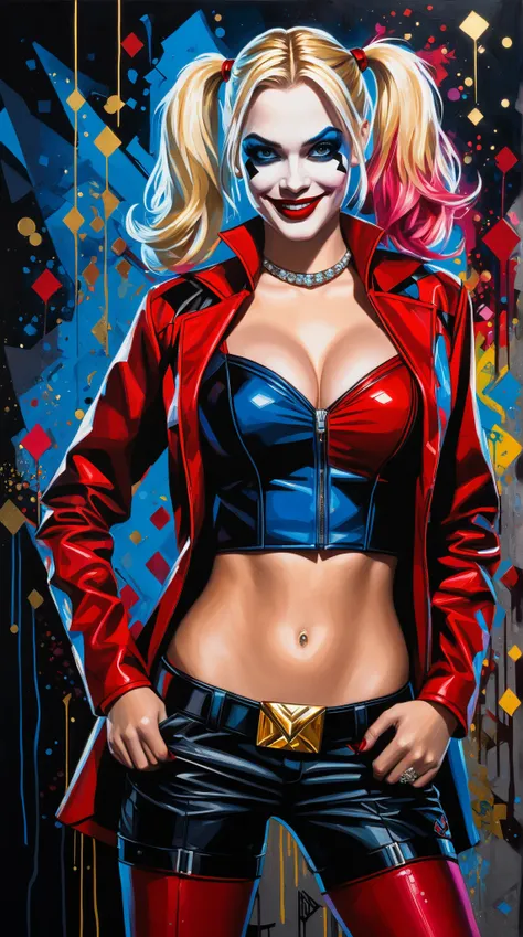 A vibrant palette knife oil painting of modest fully clothed Harley Quinn (Dr. Harleen Quinzel) from DC Comics. She is depicted in a charismatic pose against a dark background, utilizing a striking red and black color scheme. The scene captures her standin...