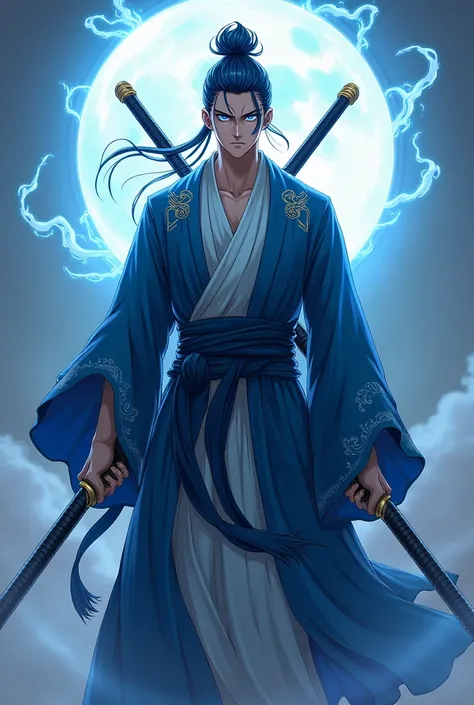  Male anime character ,  looks a little cold but with a big blz, Taoist outfit ,  Blue Eyes, two swords,  aura of a deity ,
