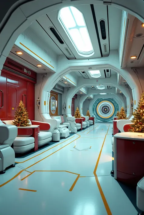 Wide angle view of a futuristic sci-fi cyberpunk Christmas spaceship interior, paint one accent wall burgundy and use white and cyan fixtures to contrast. Add gold or brass hardware to elevate the richness of the space, modern mecha machinery
