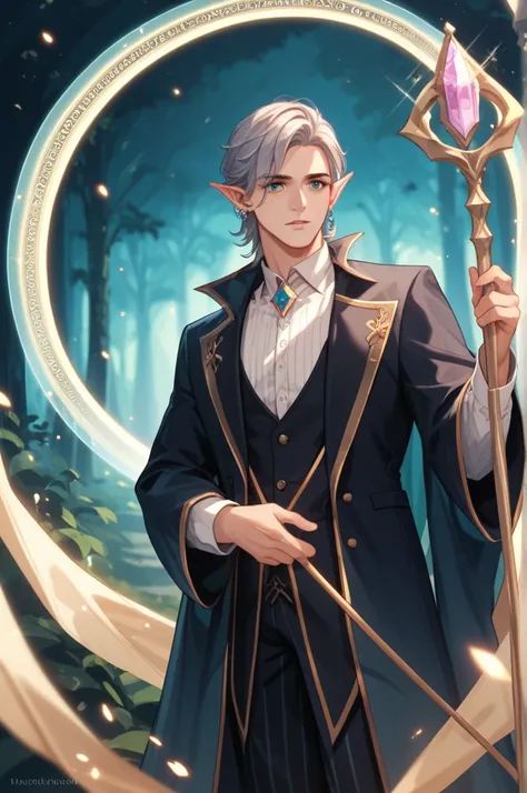   

A majestic elf magician with pointed ears and a piercing gaze, dressed in a long, elegant robe decorated with golden and silver autumnal patterns. He holds a magical staff topped with a glowing crystal, emanating a soft, mystical light. His aura is mys...