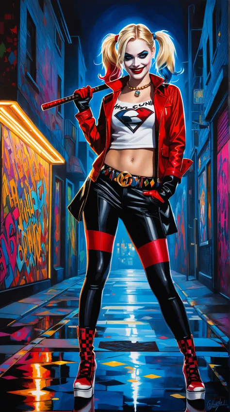 A vibrant palette knife oil painting of modest fully clothed Harley Quinn (Dr. Harleen Quinzel) from DC Comics. She is depicted in a charismatic pose against a dark background, utilizing a striking red and black color scheme. The scene captures her standin...