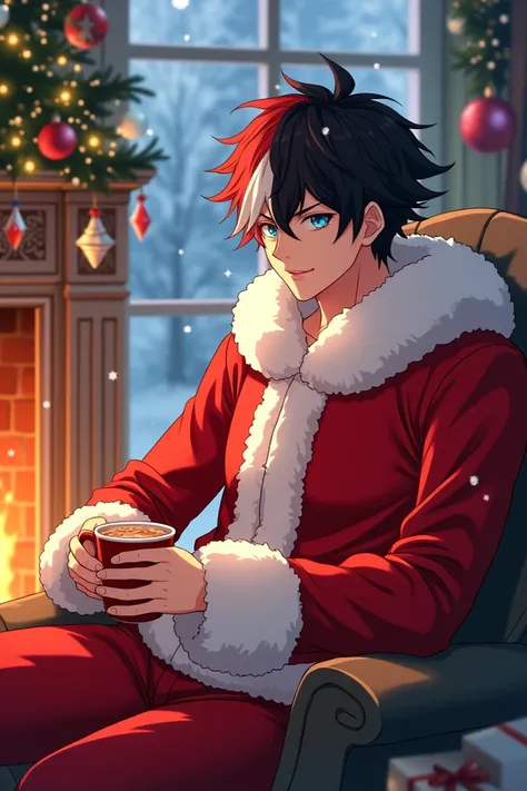  Shoto Todoroki adult anime man smiling eyes one blue and one black short hair half red half white,  red and white Santa Claus costume black boots red Christmas hat ,  sitting by the fireplace drinking hot chocolate ,  in front of a beautiful Christmas pin...