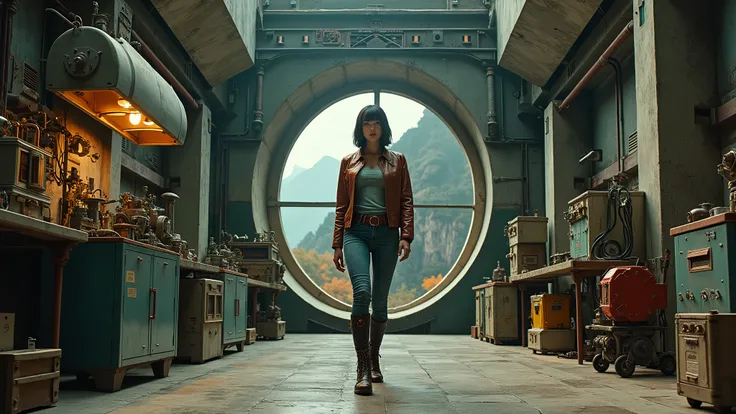  cinematographic photograph of beautiful Chinese woman ,  green eyes, short hair, sexy, with brown pilot leather jacket , denim t-shirt ,  jeans, Brown leather belt, long leather boots,  brown dieselpunk apparel ,  walking through a retro futuristic diesel...