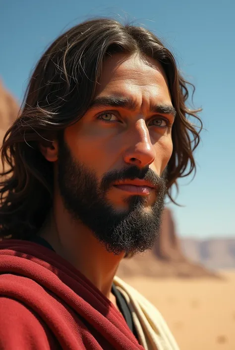 Close up shot on Jesus face and Jesus stand on the desert and looking straight 