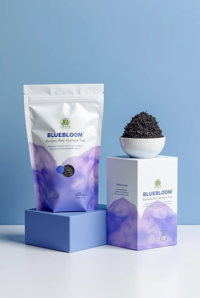 Make pictures of packaging and tea bag products with butterfly pea flower extract containing tea leaves too, make them as attractive as possible, with a slightly playful modern minimalist design style and with blue, purple and white colors following the co...