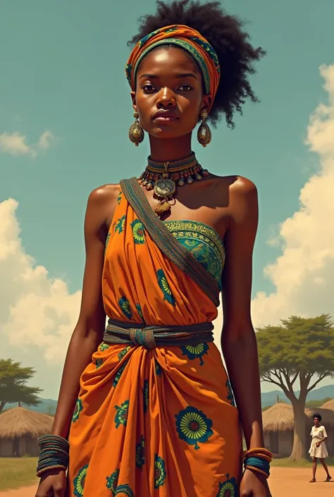 dessin dune femme africaine vêtue en tenue traditionnelle débout regardant devant elle