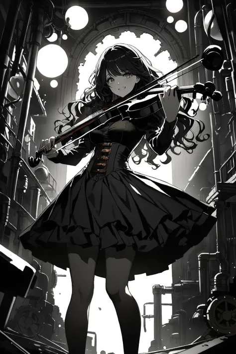 1 girl, (lovely face), 21 years old, (long wavy hair:1.2), (wearing a steampunk-inspired dress), knee length, medium breasts, (mischievous smile), BREAK  
Abandoned factory, gears and pipes, dimly lit, (playing a mechanical violin:1.3), (surrounded by glow...