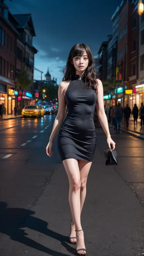 a beautiful young Japanese woman, 24 years old, with healthy thighs, beautiful legs, flawless skin, random hair color and hairstyle, large breasts, a hostess wearing a hostess dress, high heels, (she is standing:1.2), full body shot, holding a purse in one...