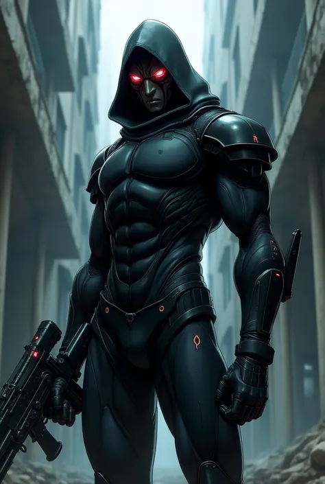  A masked anime man wearing black armor and a special gun