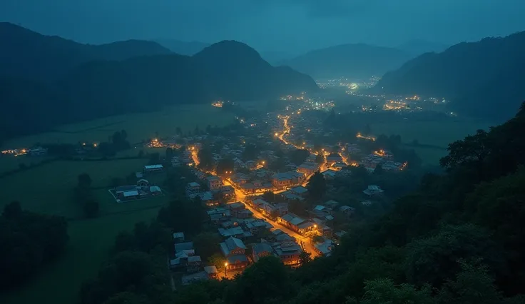 A village view from very far distance,in the night, view from the sky to village.indian village.