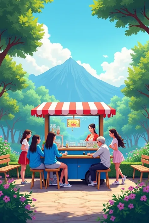 Ice vending cart ,  there is a table seat around the cart occupied by beautiful women both chatting wearing blue jackets and sexy t-shirts,  there is a long chair in front of the cart occupied by an elderly grandmother and her grandson ,  garden area fille...