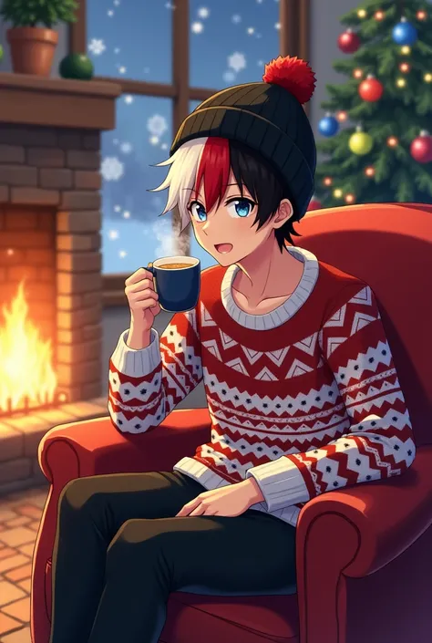  Shoto Todoroki adult anime man smiling eyes one blue and one black short hair half red half white, black pants white t-shirt red and white Christmas sweater black tennis red Christmas hat,  sitting by the fireplace drinking hot chocolate ,  in front of a ...