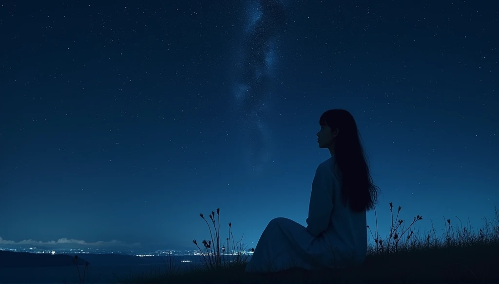 Pitch Black Sky、Very beautiful star々、ultra res、８K、,Japan beautiful girl looking at the night sky is very small and backwards、The girl is depicted from afar、Facing backwards、Sitting on a hill、Its pitch black around、Ultra-realistic video、Extraordinary beauty...