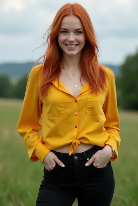 Big tits and ass woman and a small waist, Swedish, Curvy model, 30s, Alone, (((Full body:1.5))), Beautiful straight redhead hair, Eyeliners, Eyeshadows, Jewelry, Realistic, ((Naughty face) ), Yellow shirt, Black pants ((Romantic atmosphere)), Perfect skin,...