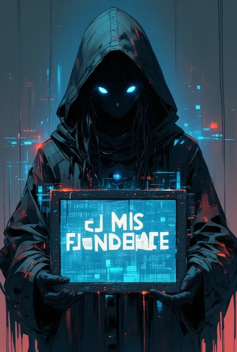 Sad guy in old hooded jacket, designed as hologram, hacker, shadow on face, mysterious, with dreadlocks holding LCD board with strange words, simple background with futuristic elements, floating computer interfaces, bits