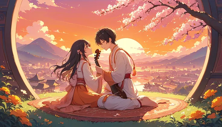 "An anime-style illustration inspired by a romantic song, tailored to connect with Indian audiences. The scene features a serene and nostalgic atmosphere with a young couple sitting on a grassy hill under a vibrant orange and pink sunset. Instead of cherry...