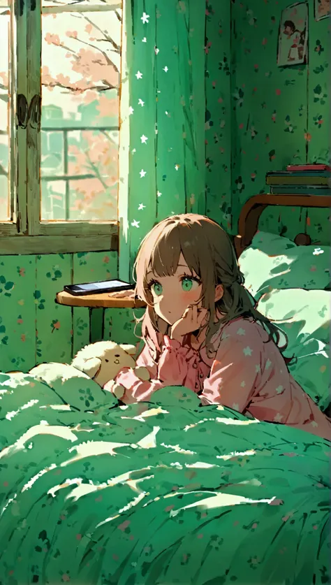 A pastel-colored bedroom with a young Japanese woman waking up in bed. She is wearing pastel pink pajamas, her hair is light brown and shoulder-length, and her expression is slightly sleepy. The room has soft mint green walls and light blue curtains that l...