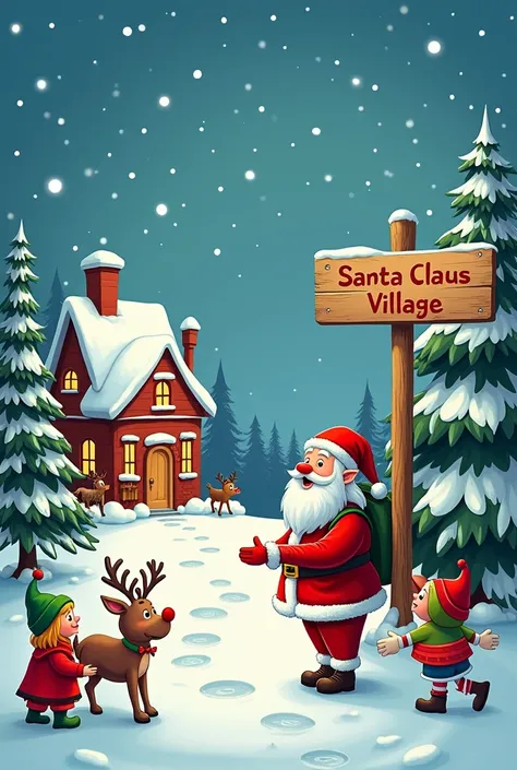 Christmas card scene.  The north pole and a small town and a sign that says Santa Claus Village Snowy scene, elves playing in the snow, Santa Clause and a red nosed reindeer. lots of detail. happy scene.