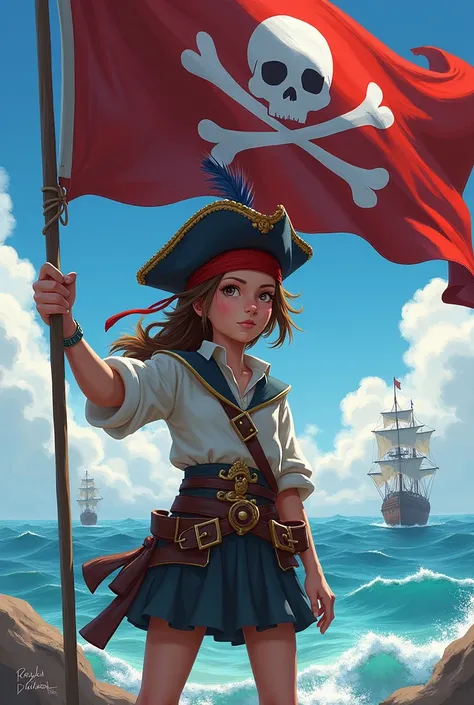  girl holding a flag and Pirates written in the flag and the girl wearing pirates cap)