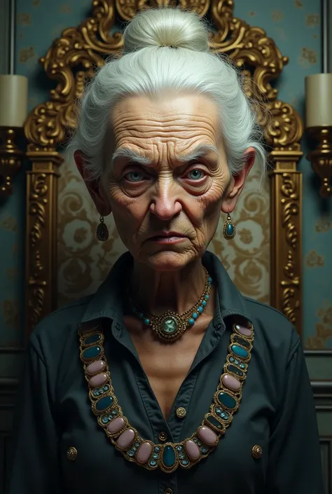 Old grumpy bad woman
Small white nose with blue hair eyes 
Terrible look wrinkled face embellished jewelry embroidered toilet
Her hair is white and bun 
Elibesi toilet
Principal of the Varis school