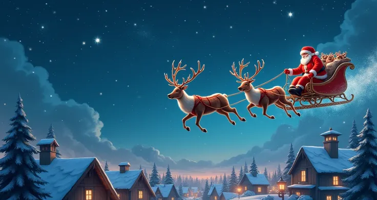 Santa Claus with his reindeer in the sky with the houses in the background leaves a space at the top to put an inscription