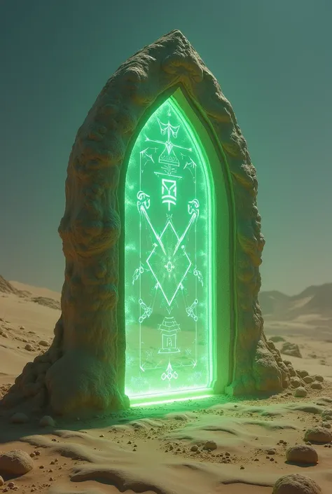  a transparent magic door,  in the color green and with runes  , Magic Door  , Shes in a desert environment, Just the door with no one around 