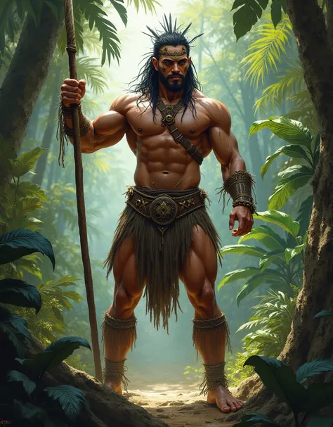 ((best quality)), ((artwork)), (detailed), (realistic), male warrior, muscular physique, tribal attire, face paint, spear wielding, (jungle:1.3), dense foliage, exotic plants, dappled sunlight, (hyperrealistic:1.2), oil painting, (Frank Frazetta:1.1), Devi...