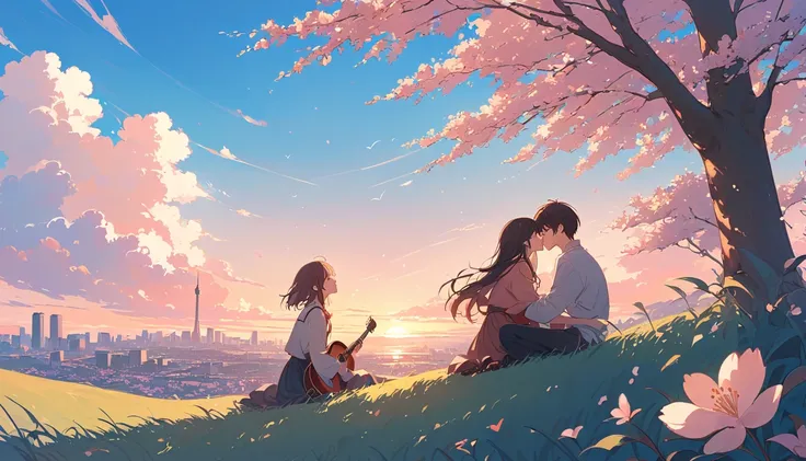 An anime-style illustration inspired by the song Cherry by Spitz. The scene features a serene and nostalgic atmosphere with a young couple sitting on a grassy hill under a clear blue sky. Cherry blossoms gently fall around them, symbolizing fleeting moment...