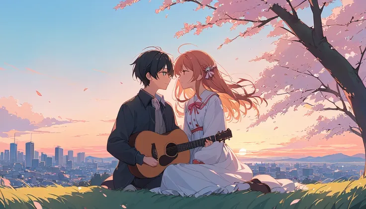 An anime-style illustration inspired by the song Cherry by Spitz. The scene features a serene and nostalgic atmosphere with a young couple sitting on a grassy hill under a clear blue sky. Cherry blossoms gently fall around them, symbolizing fleeting moment...