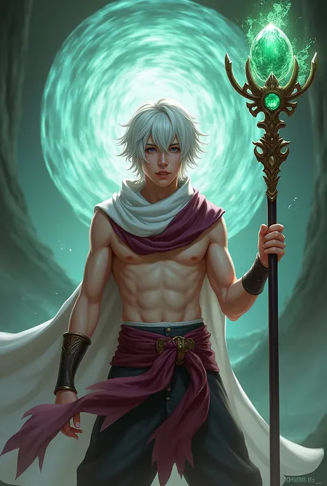  Young man with half-length white hair and small canines . Shirtless with a white and burgundy scarf with shorts .  He is holding a staff decorated with a green stone and a magic portal in the background