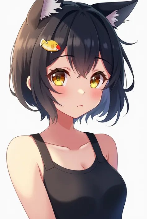 8K quality Anime girl , casual style, short black hair with fake fish hair clip , Left bangs, black dress, fan art drawing style, (with yellow eyes and cat ears)