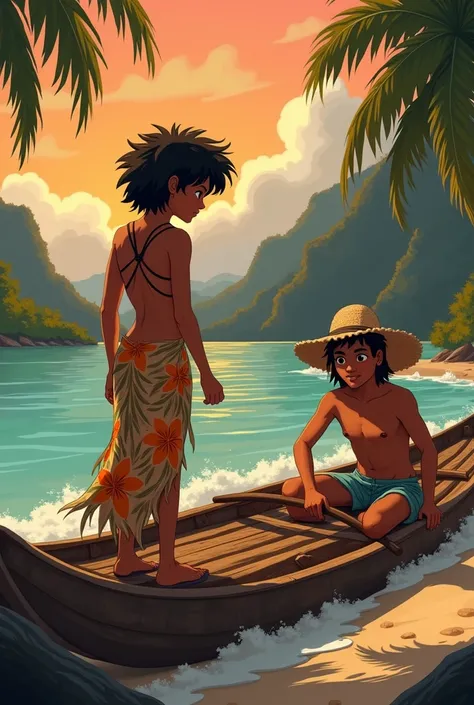 a photo of Camila Amor, 27 years old, black hair, brown eyes, Hawaiian clothing, lost island, long flowered skirts, barefoot, building a wooden raft, Isaque Amor, strong man, with brown eyes, brown and spiky hair, using wearing a straw hat, with dark skin,...